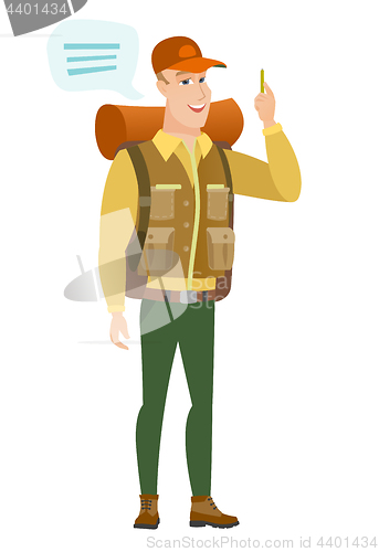 Image of Young caucasian traveler with speech bubble