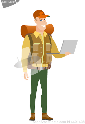 Image of Traveler using laptop vector illustration.