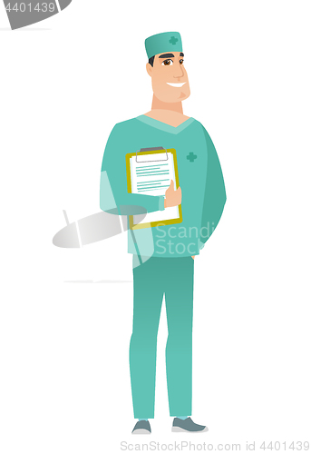 Image of Doctor holding clipboard with papers.