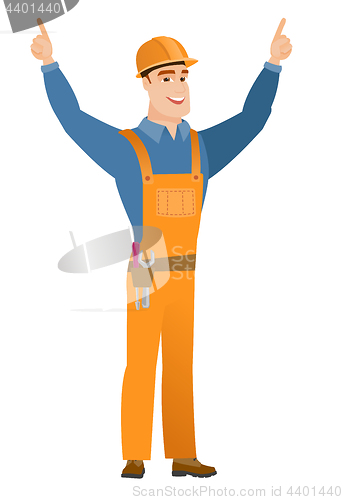 Image of Builder standing with raised arms up.