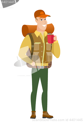 Image of Caucasian traveler holding cup of coffee.