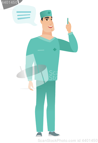 Image of Young caucasian doctor with speech bubble.