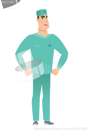 Image of Young caucasian furious doctor screaming.