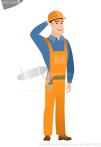 Image of Young caucasian builder laughing.