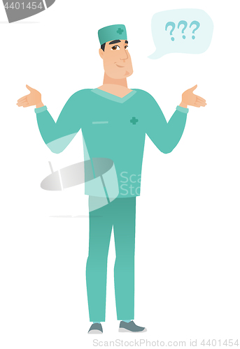 Image of Caucasian confused doctor with spread arms.
