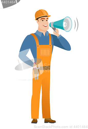 Image of Caucasian builder talking into loudspeaker.