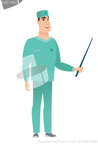 Image of Caucasian doctor holding pointer stick.