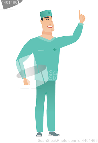 Image of Caucasian doctor pointing with his forefinger