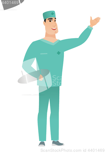 Image of Caucasian doctor showing a direction.