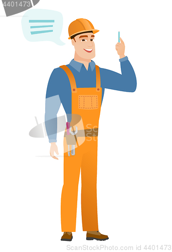 Image of Young caucasian builder with speech bubble.