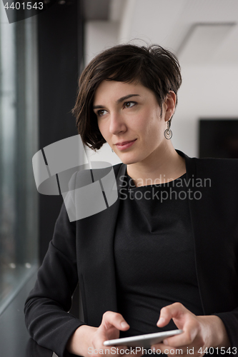 Image of Elegant Woman Using Mobile Phone by window in office building