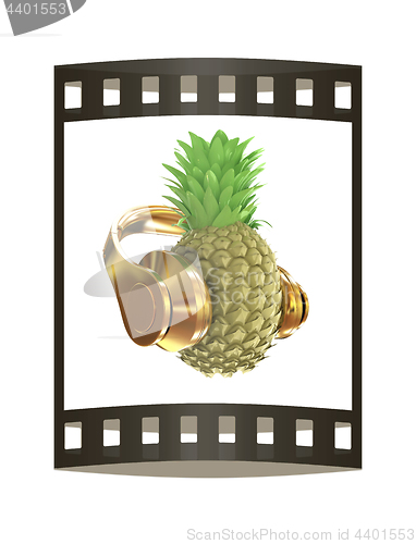 Image of Fashion gold pineapple with headphones listens to music. 3d illu