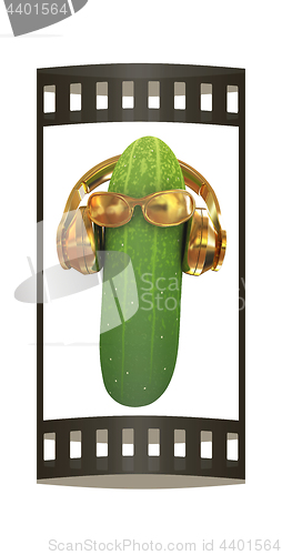 Image of cucumber with sun glass and headphones front \"face\" on a white b