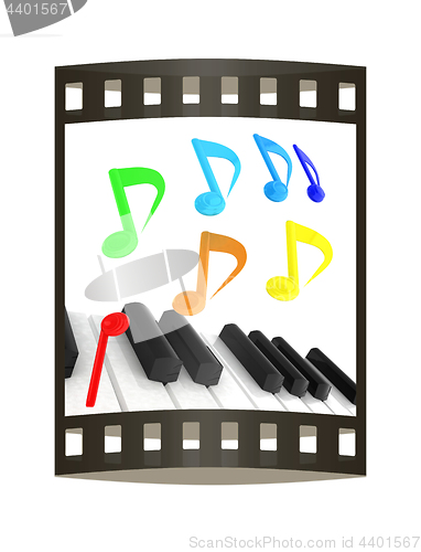 Image of music notes  background. 3D illustration. The film strip.