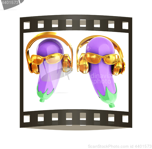 Image of eggplant with sun glass and headphones front \"face\" on a white b