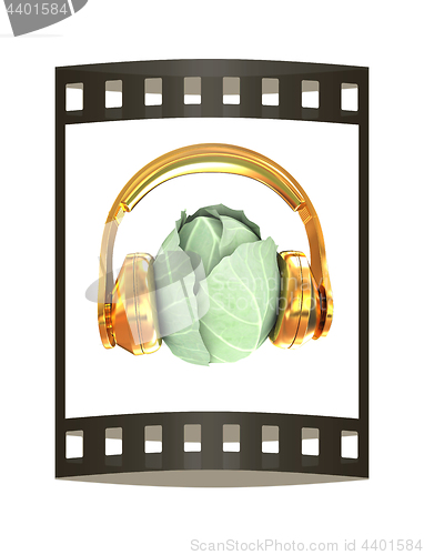 Image of Green cabbage with headphones on a white background. 3d illustra