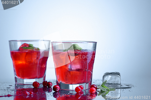 Image of closeup of a cape cod cocktail or vodka cranberry on a blue background