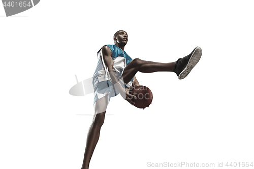 Image of Full length portrait of a basketball player with ball