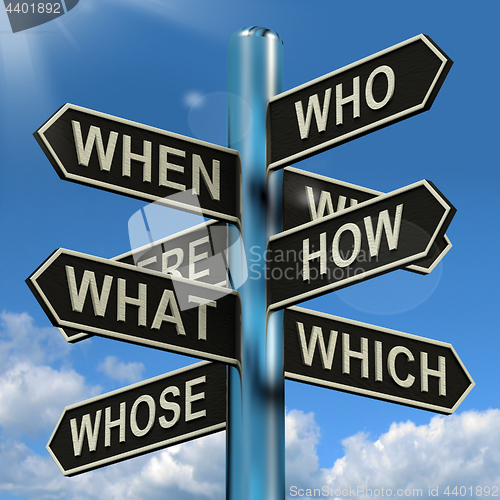 Image of Who What Why When Where Signpost Showing Confusion Brainstorming