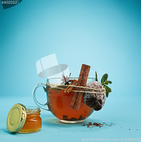 Image of The herbal tea on a blue background