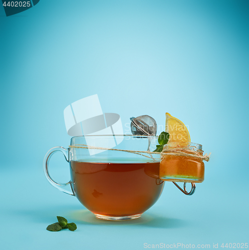 Image of The herbal tea on a blue background