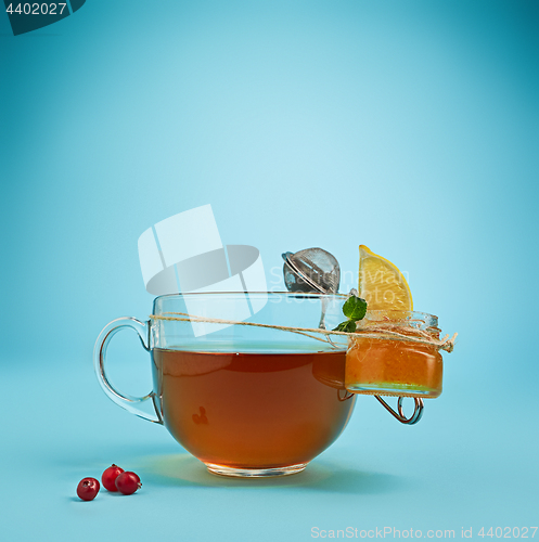 Image of The herbal tea on a blue background