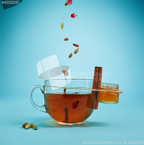 Image of The herbal tea on a blue background