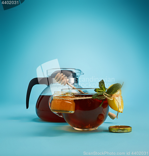 Image of The herbal tea on a blue background