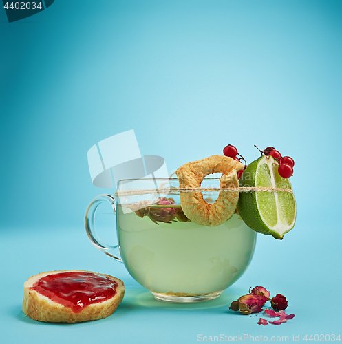 Image of The herbal tea on a blue background