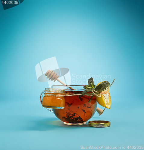 Image of The herbal tea on a blue background