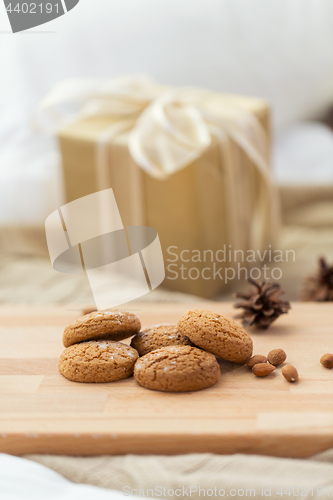 Image of close up of oatmeal cookies on wooden table