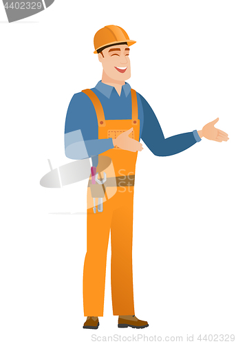 Image of Young caucasian happy builder gesturing.
