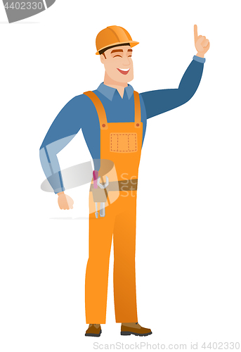 Image of Caucasian builder pointing with his forefinger