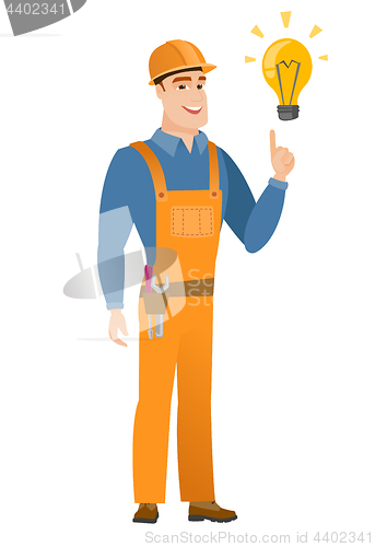 Image of Builder pointing at bright idea light bulb.