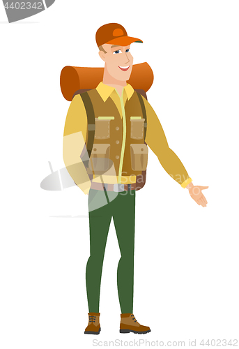 Image of Caucasian traveler with hand in his pocket.