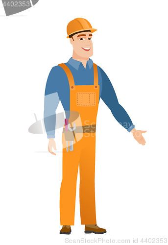 Image of Builder with arm out in a welcoming gesture.