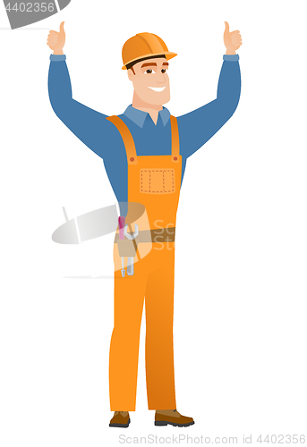 Image of Builder standing with raised arms up.