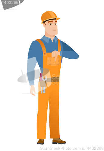 Image of Disappointed caucasian builder with thumb down