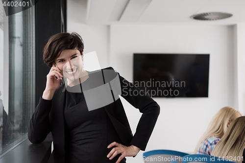 Image of Elegant Woman Using Mobile Phone by window in office building