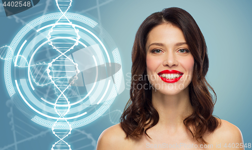 Image of woman with red lipstick over dna molecule