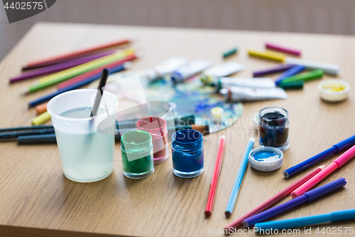 Image of gouache colors, felt tip pens and pencils on table