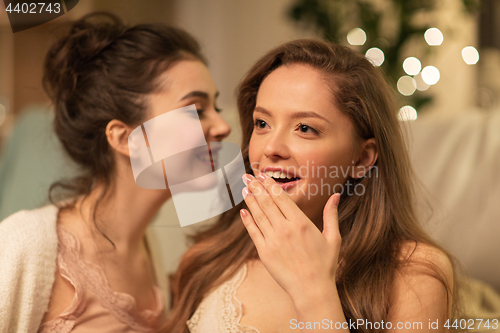 Image of happy female friends gossiping at home