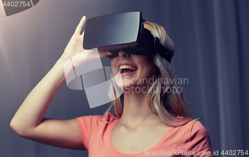 Image of woman in virtual reality headset or 3d glasses