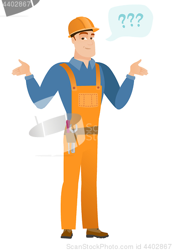 Image of Caucasian confused builder with spread arms.