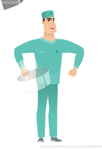 Image of Young caucasian angry doctor screaming.