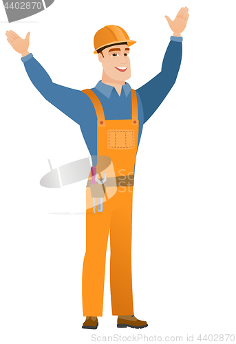 Image of Constructor standing with raised arms up.