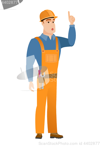 Image of Builder with open mouth pointing finger up.