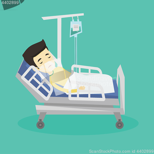 Image of Patient lying in hospital bed with oxygen mask.