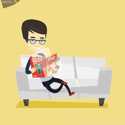 Image of Man reading magazine on sofa vector illustration