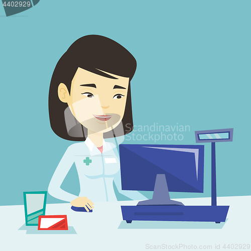 Image of Pharmacist at counter with cash box.